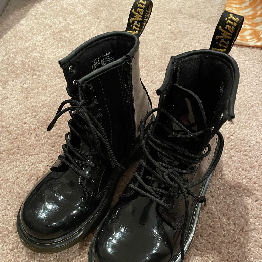 Worn once! Kids size 2, Dr. Martens patent leathwr black boots.